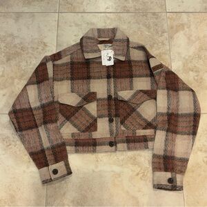 Roxy Red and Brown Plaid Cropped Shacket NWT